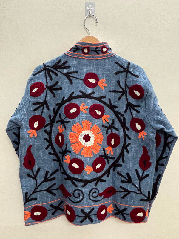 The Chambelí Suzani — Hand-Embroidered Cotton Jacket — Dusty Blue with Maroon & Coral Bloom