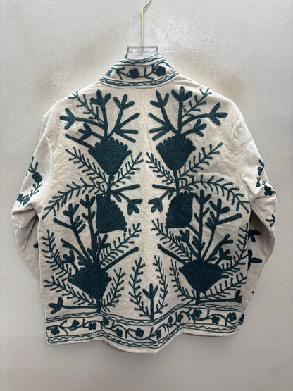 The Zumrud Bagh — Suzani Hand-Embroidered Velvet Jacket — Ivory with Deep Teal Florals