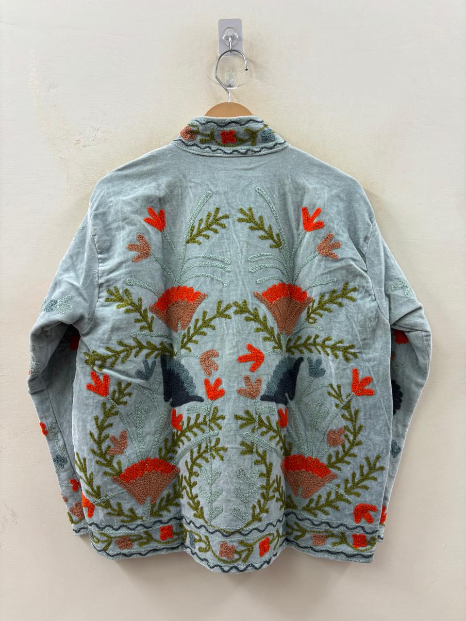The Duskwing Bloom — Suzani Embroidered Velvet Jacket — Powder Blue