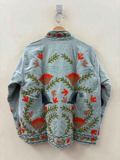 The Duskwing Bloom — Suzani Embroidered Velvet Jacket — Powder Blue