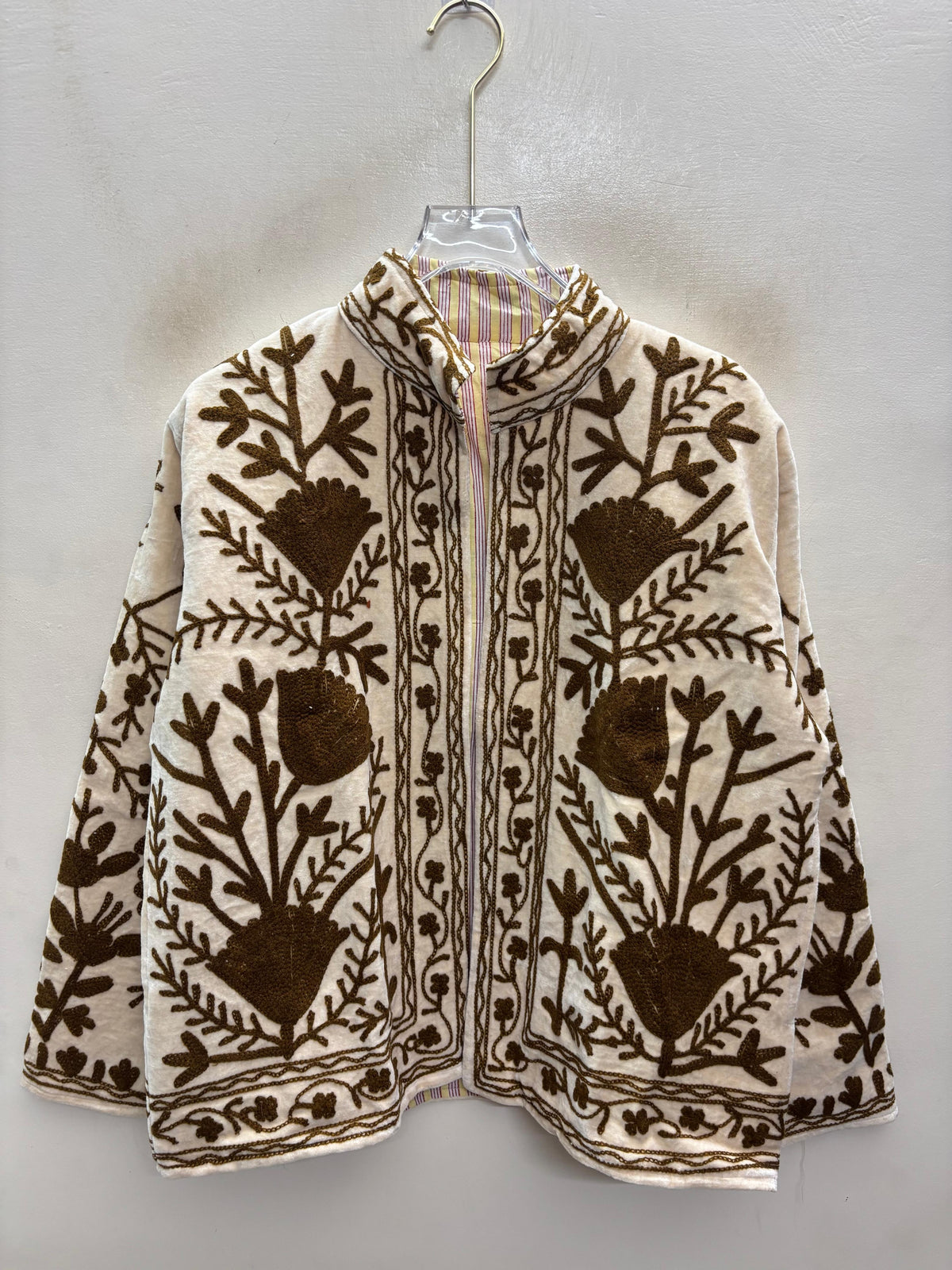The Zaitoon Bostan — Suzani Hand-Embroidered Velvet Jacket — Ivory with Olive Brown Florals