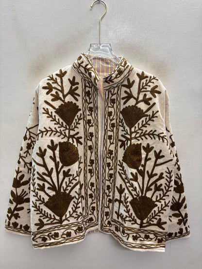 The Zaitoon Bostan — Suzani Hand-Embroidered Velvet Jacket — Ivory with Olive Brown Florals