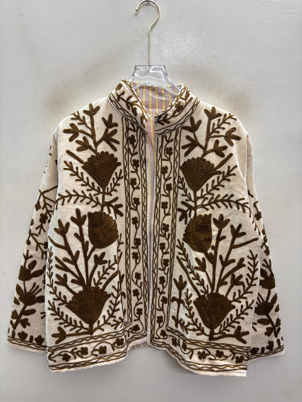 The Zaitoon Bostan — Suzani Hand-Embroidered Velvet Jacket — Ivory with Olive Brown Florals