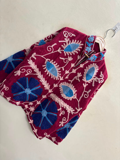 The Samarkand Bloom — Suzani Hand-Embroidered Cotton Jacket — Deep Maroon with Cornflower Blue
