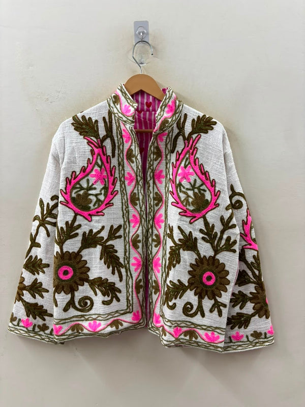 The Zafira — Hand-Embroidered Suzani Cotton Jacket — Ivory with Olive & Fuchsia Bloom
