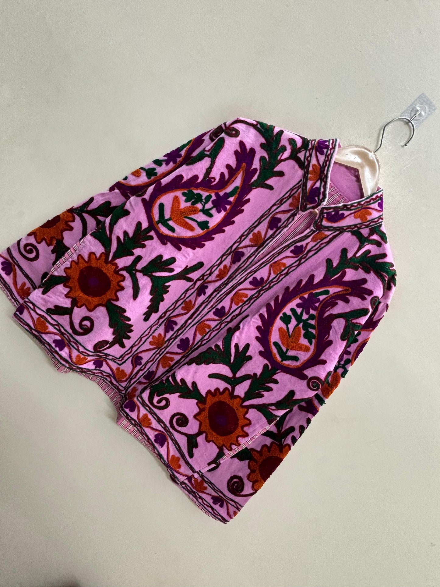 The Orchid Bostan — Suzani Embroidered Cotton Jacket — Pink with Paisley & Sunflower Motifs