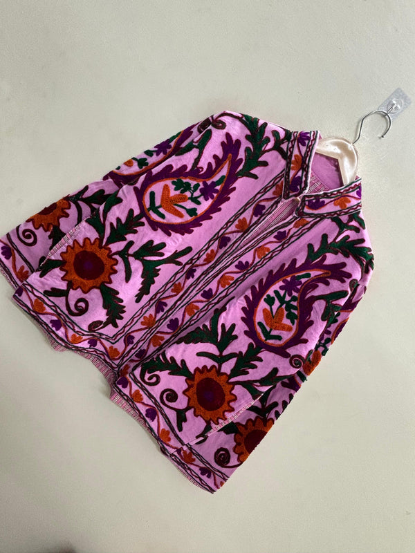 The Orchid Bostan — Suzani Embroidered Cotton Jacket — Pink with Paisley & Sunflower Motifs