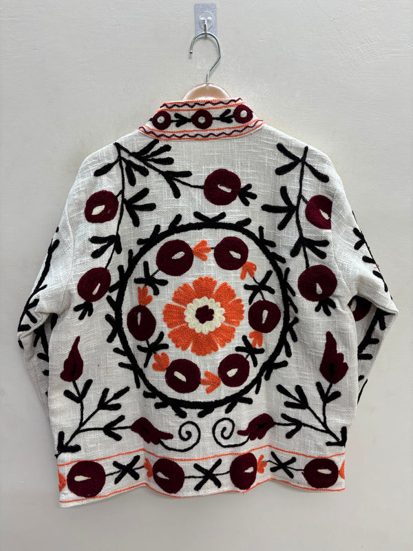 The Samarkand Bloom — Suzani Embroidered Cotton Jacket — Ivory with Burgundy & Rust Medallions