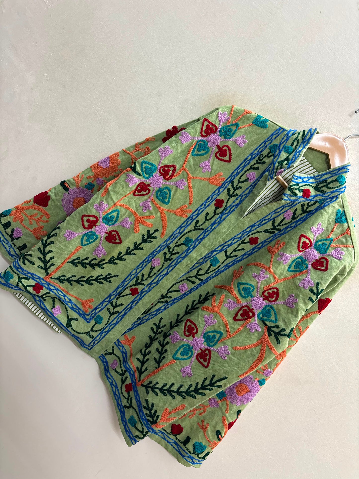 The Sage Meadow — Suzani-Inspired Hand Embroidered Cotton Jacket — Pistachio Green with Coral, Lilac & Cerulean Florals