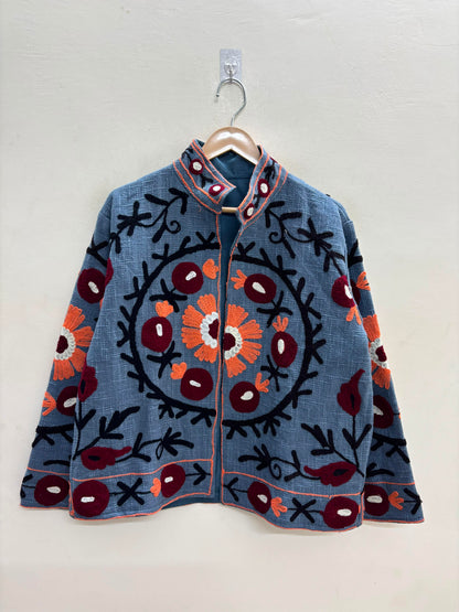 The Chambelí Suzani — Hand-Embroidered Cotton Jacket — Dusty Blue with Maroon & Coral Bloom