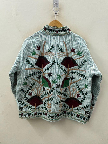 The Forest Bloom — Hand-Embroidered Cotton Jacket — Sage Herringbone - Default Title - Zoshak Jacket
