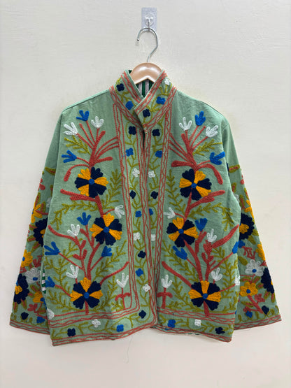 The Sage Meadow — Suzani Embroidered Cotton Jacket — Pistachio Green