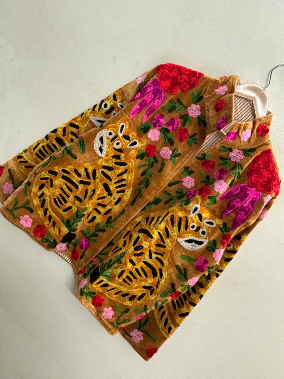 The Bagh Suzani — Hand-Embroidered Velvet Jacket — Camel Gold with Crimson & Magenta Bloom