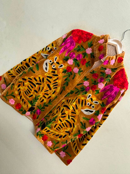 The Bagh Suzani — Hand-Embroidered Velvet Jacket — Camel Gold with Crimson & Magenta Bloom