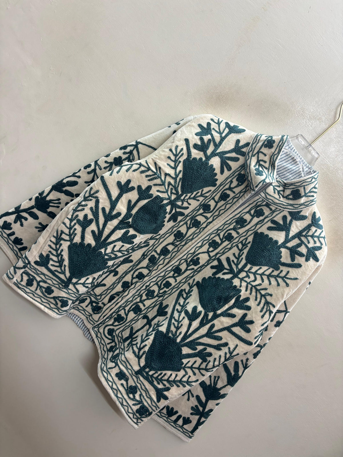 The Zumrud Bagh — Suzani Hand-Embroidered Velvet Jacket — Ivory with Deep Teal Florals