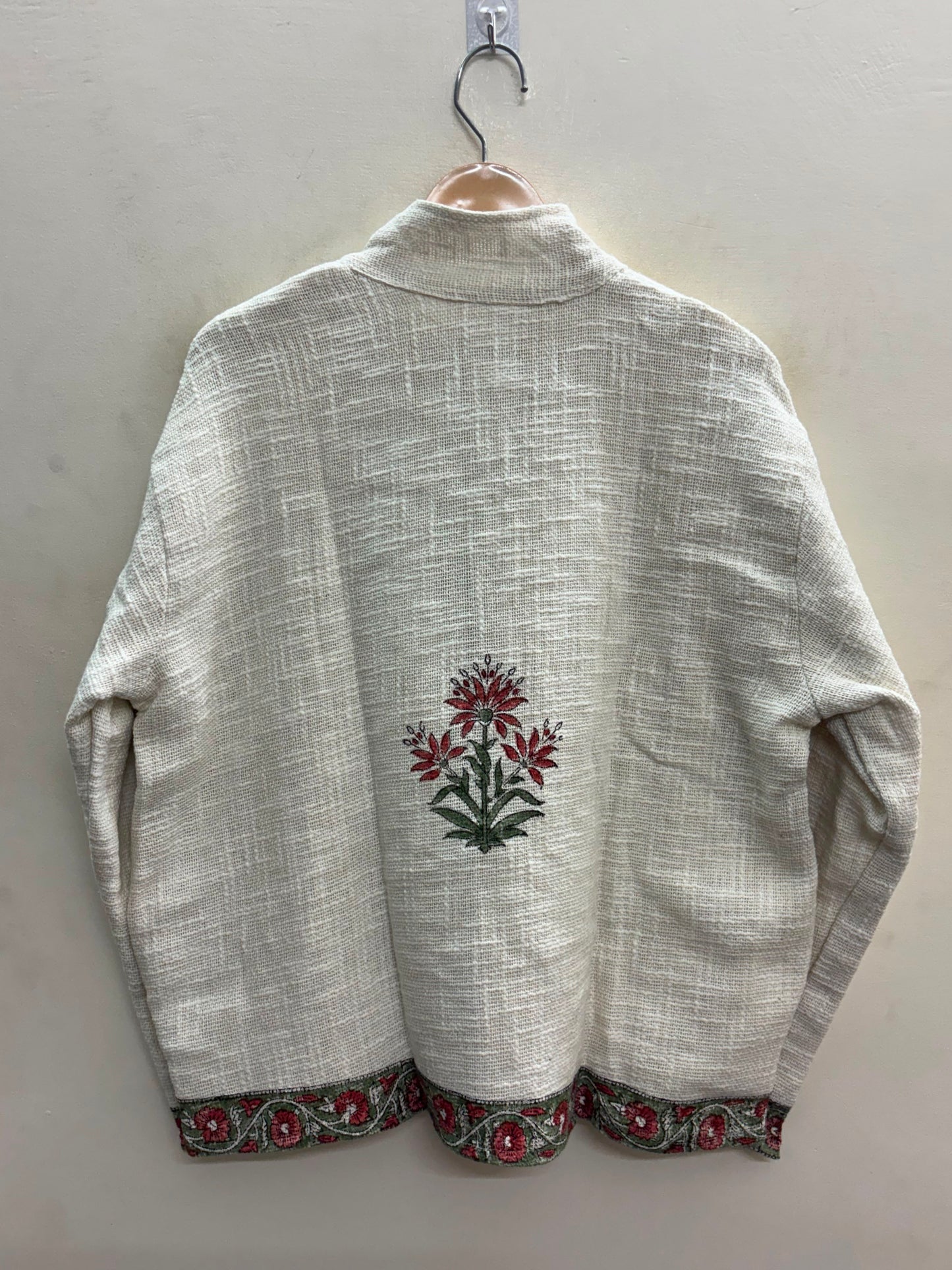 The Bagh-e-Gulab — Hand-Embroidered Cotton Jacket — Ivory with Rust Red & Sage Floral Trims