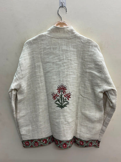 The Bagh-e-Gulab — Hand-Embroidered Cotton Jacket — Ivory with Rust Red & Sage Floral Trims