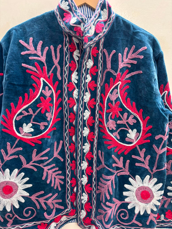 The Samarkand Nights — Suzani Embroidered Velvet Jacket — Denim Blue with Raspberry & Lilac Bloom
