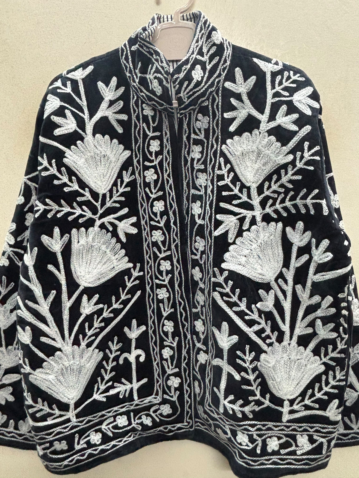 The Shabnam Bostan — Suzani Hand-Embroidered Cotton Jacket — Midnight Black with Ivory Tulip Vines