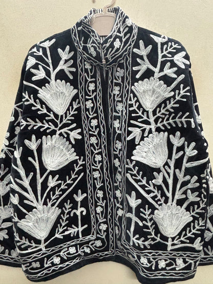 The Shabnam Bostan — Suzani Hand-Embroidered Cotton Jacket — Midnight Black with Ivory Tulip Vines