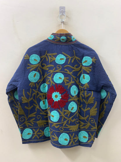 The Indigo Bloom — Hand-Embroidered Waffle Cotton Jacket - Default Title - Zoshak