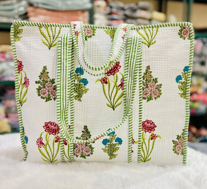 The Jaipur Tote - White & Pink Floral Tote - Zoshak Hand-Block Print · Cotton Quilted