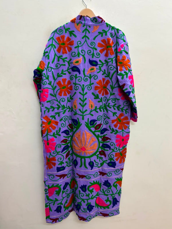 The Lavender Bagh — Suzani Hand-Embroidered Cotton Long Jacket — Lilac with Marigold & Fuchsia Florals