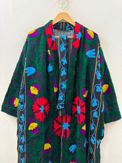 The Samarkand Bloom — Suzani Embroidered Cotton Kimono — Charcoal Grey with Crimson Florals