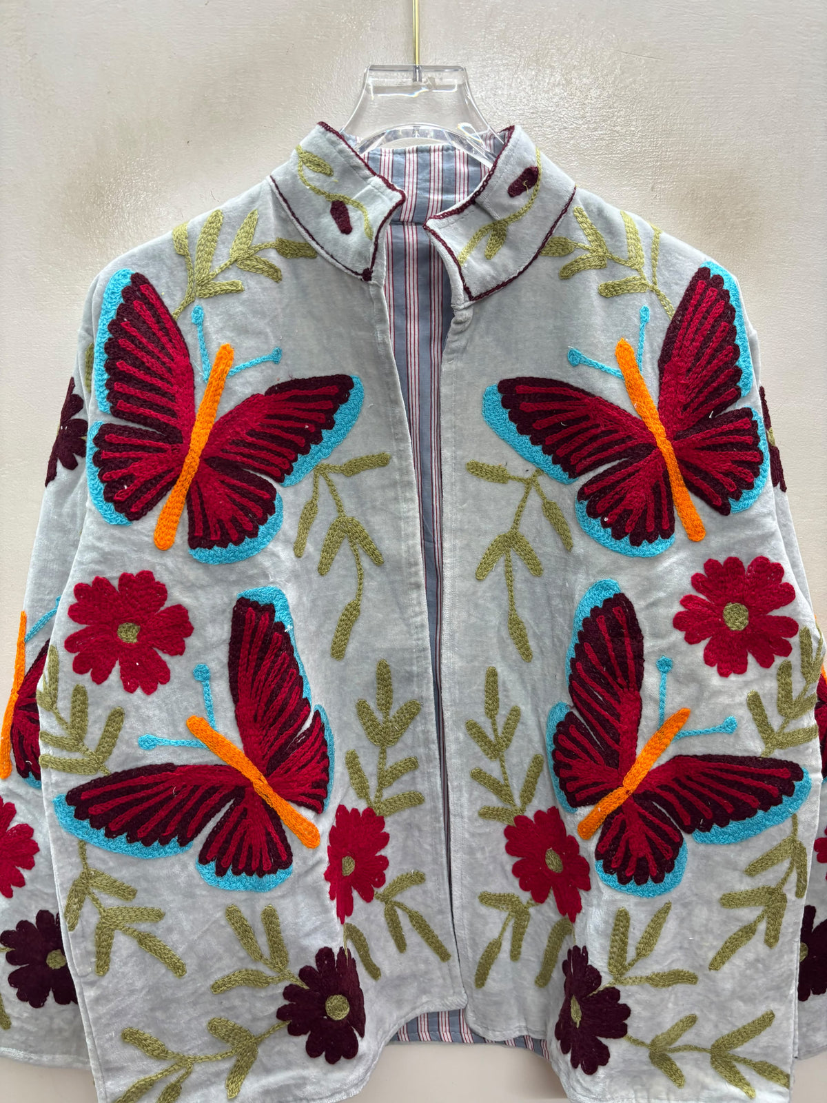 The Titli Chandni — Suzani Hand-Embroidered Velvet Jacket — Ice Grey with Crimson Butterflies & Ruby Florals