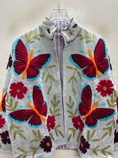 The Titli Chandni — Suzani Hand-Embroidered Velvet Jacket — Ice Grey with Crimson Butterflies & Ruby Florals
