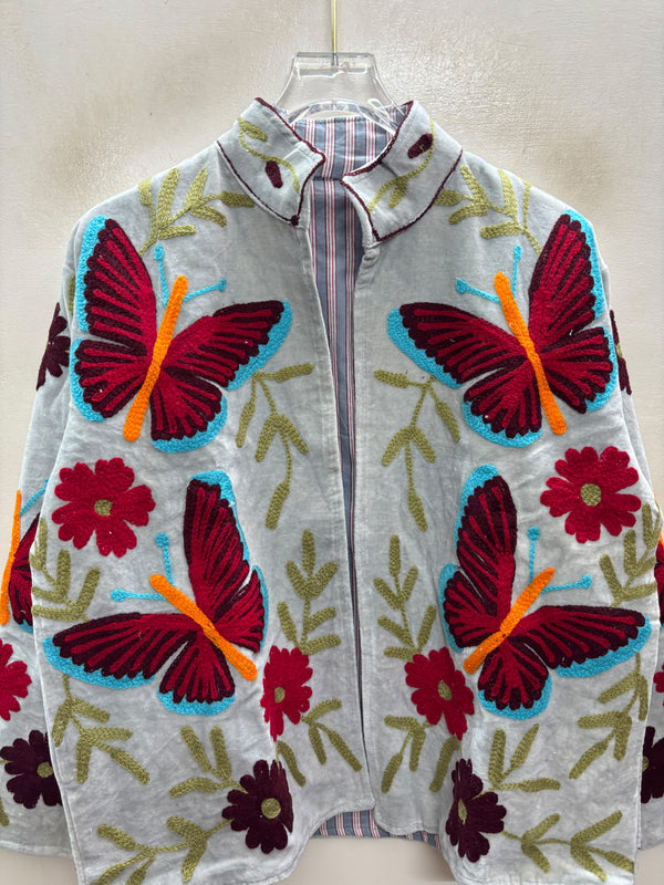 The Titli Chandni — Suzani Hand-Embroidered Velvet Jacket — Ice Grey with Crimson Butterflies & Ruby Florals