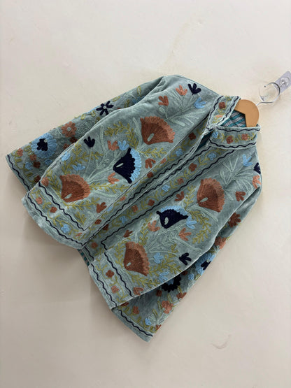 The Gulbadan Celadon — Hand Suzani Embroidered Velvet Jacket — Sage-Celadon Base