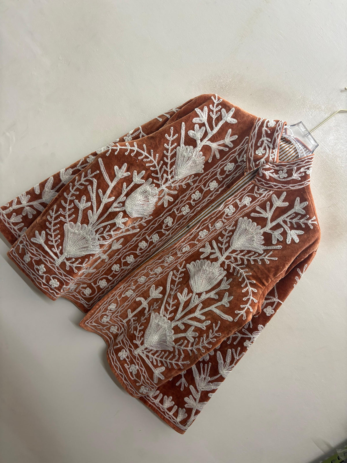The Rustan Tulip — Suzani Hand-Embroidered Velvet Jacket — Rust Brown with Ivory Floral Vinework