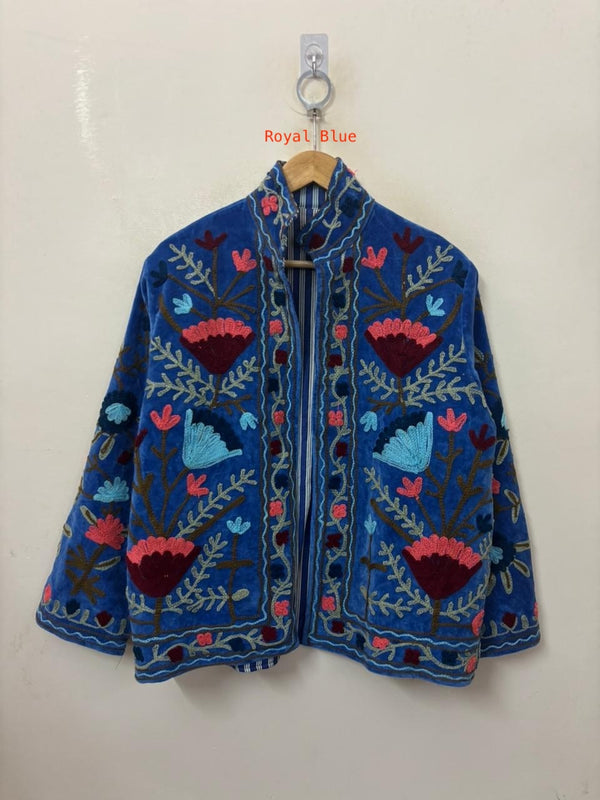 The Gulbadan Blue — Hand-Embroidered Suzani Velvet Jacket - Royal Blue - Zoshak