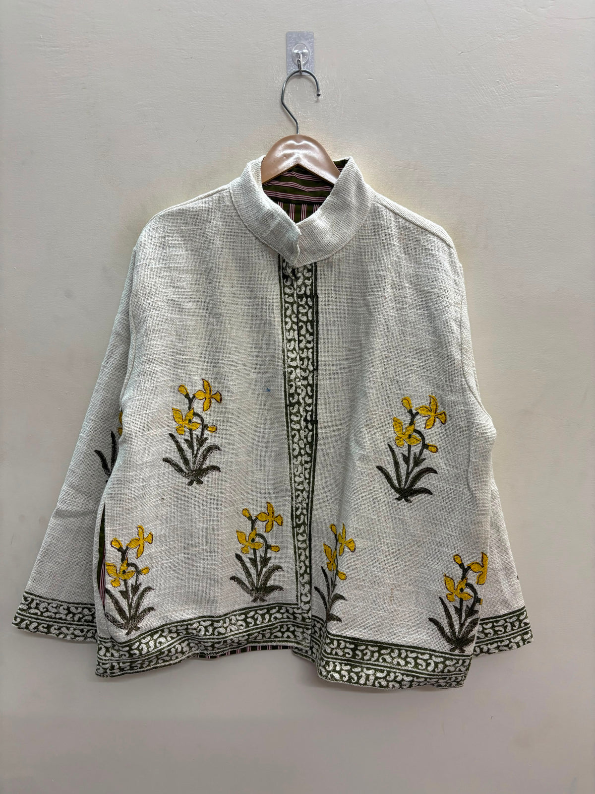 The Sarson Bagh — Hand Block-Printed Cotton Jacket — Ivory with Olive & Mustard Floral Motifs