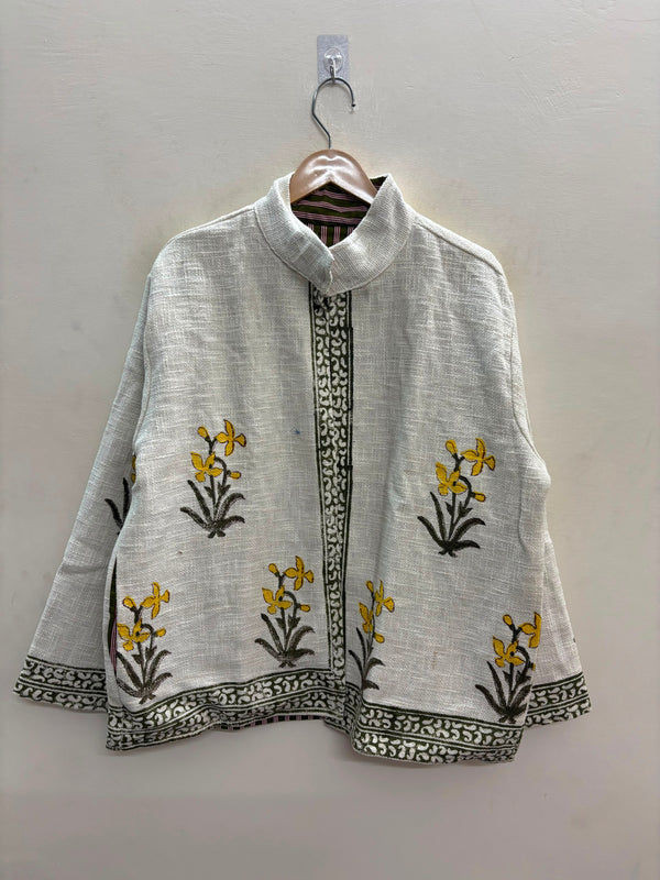 The Sarson Bagh — Hand Block-Printed Cotton Jacket — Ivory with Olive & Mustard Floral Motifs