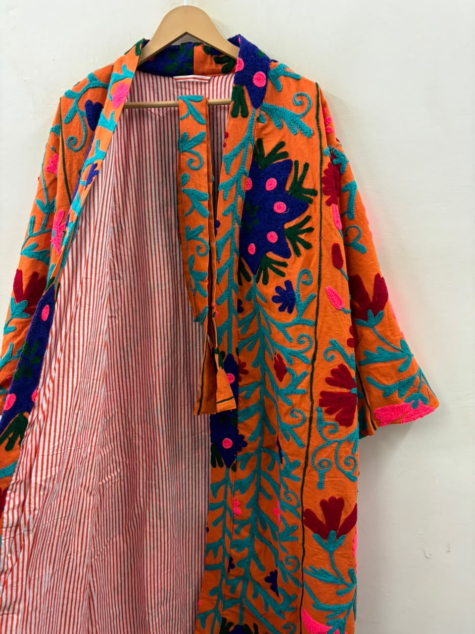 The Marigold Suzani — Hand-Embroidered Wool Kimono — Saffron Orange with Cobalt & Teal Florals