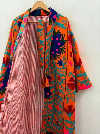 The Marigold Suzani — Hand-Embroidered Wool Kimono — Saffron Orange with Cobalt & Teal Florals