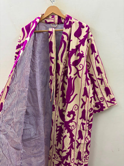 The Bahar Suzani — Hand-Embroidered Velvet Kimono — Ivory & Magenta