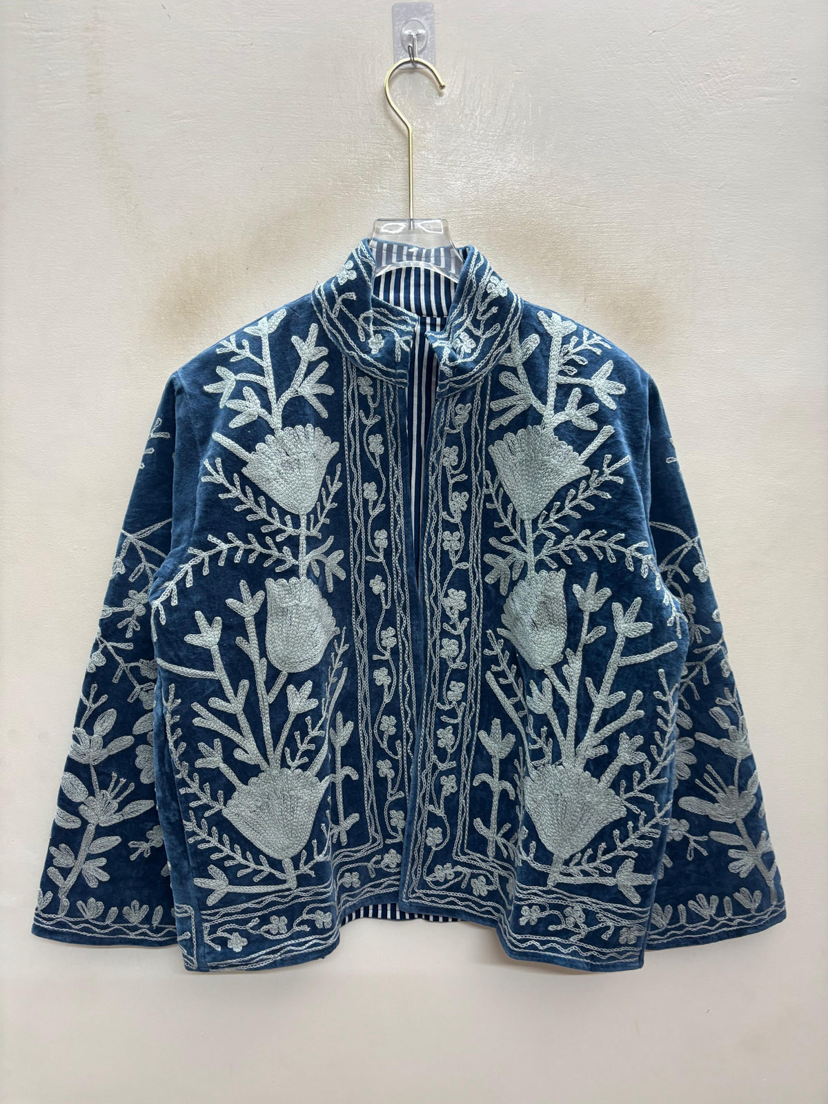 The Snowvine Thicket — Suzani Hand-Embroidered Velvet Jacket — Denim Blue with Ivory Floral Vinework