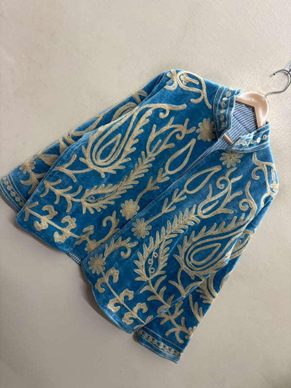 The Samarkand Peacock — Suzani Embroidered Velvet Jacket — Cerulean Blue