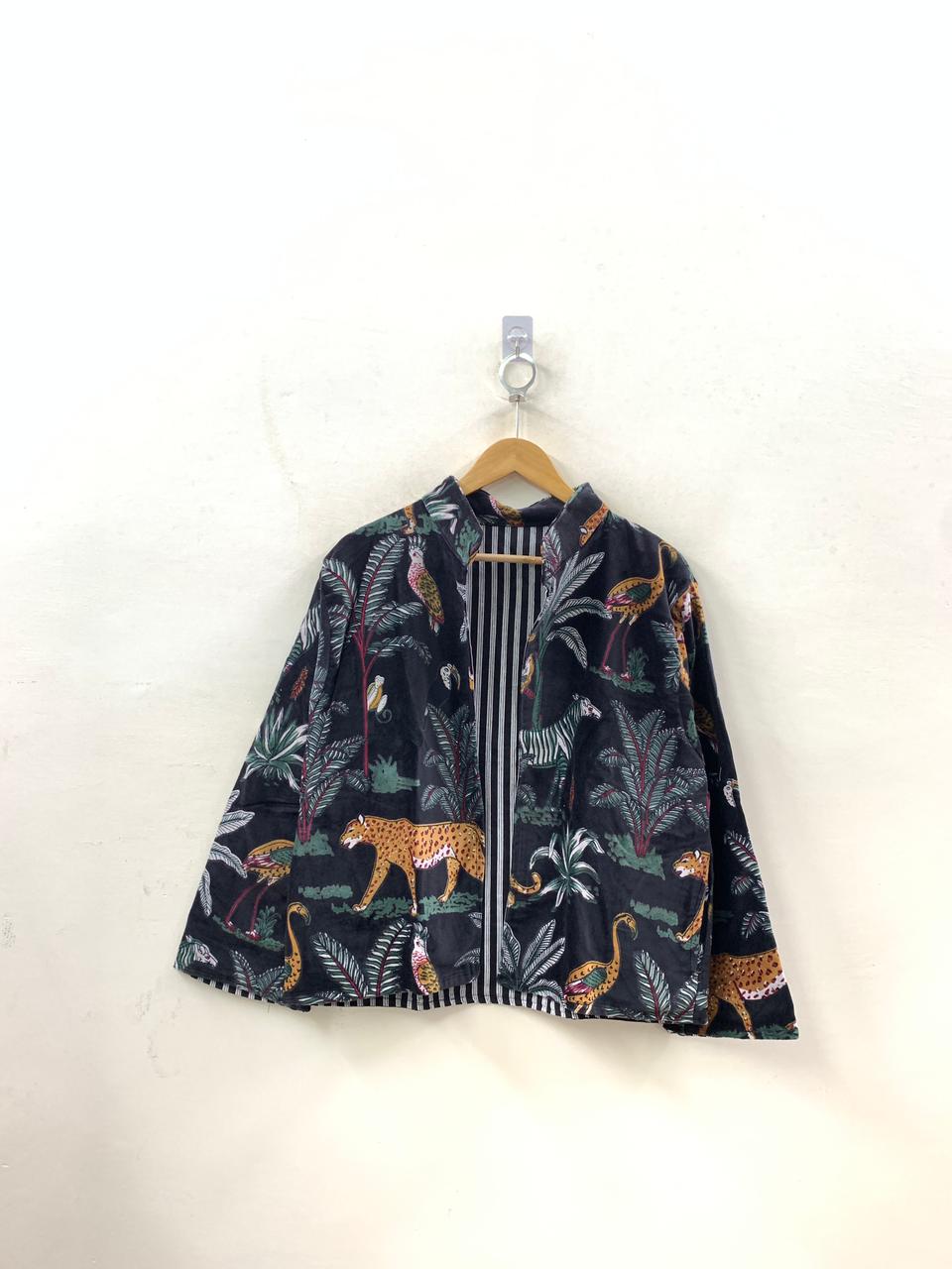The Jungle Nocturne — Block-Printed Velvet Jacket — Midnight Black with Wild Safari Motifs - Default Title - Zoshak Jacket