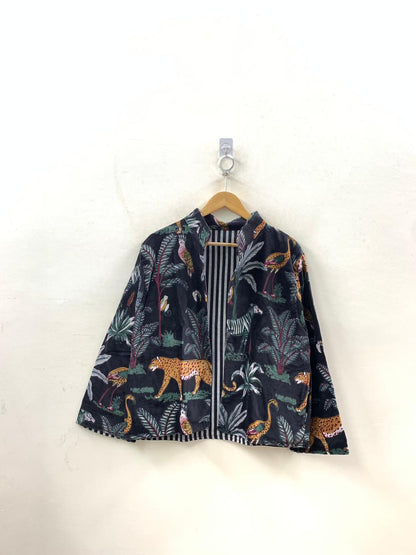 The Jungle Nocturne — Block-Printed Velvet Jacket — Midnight Black with Wild Safari Motifs - Default Title - Zoshak Jacket