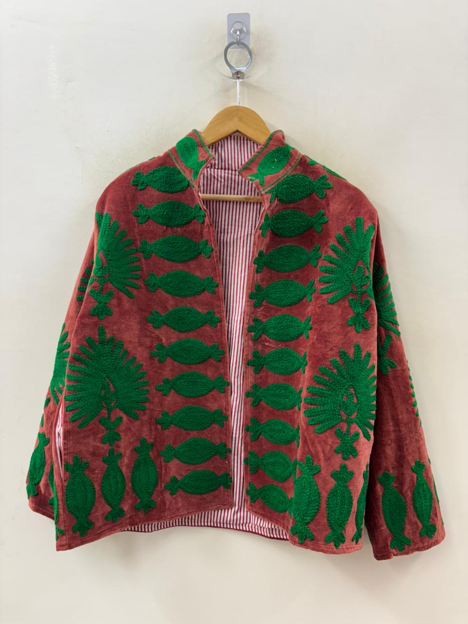 The Melon Garden — Suzani Hand-Embroidered Velvet Jacket — Terracotta & Forest Green - Default Title - Zoshak Jacket