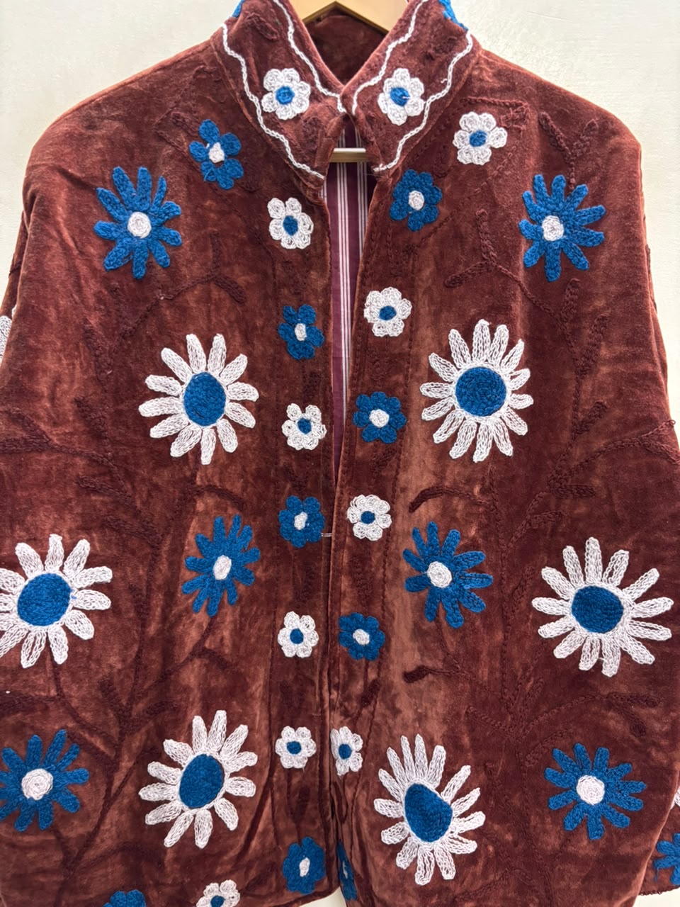 The Marwar Bloom — Suzani Embroidered Velvet Jacket — Rust Brown with Cobalt & Ivory Florals