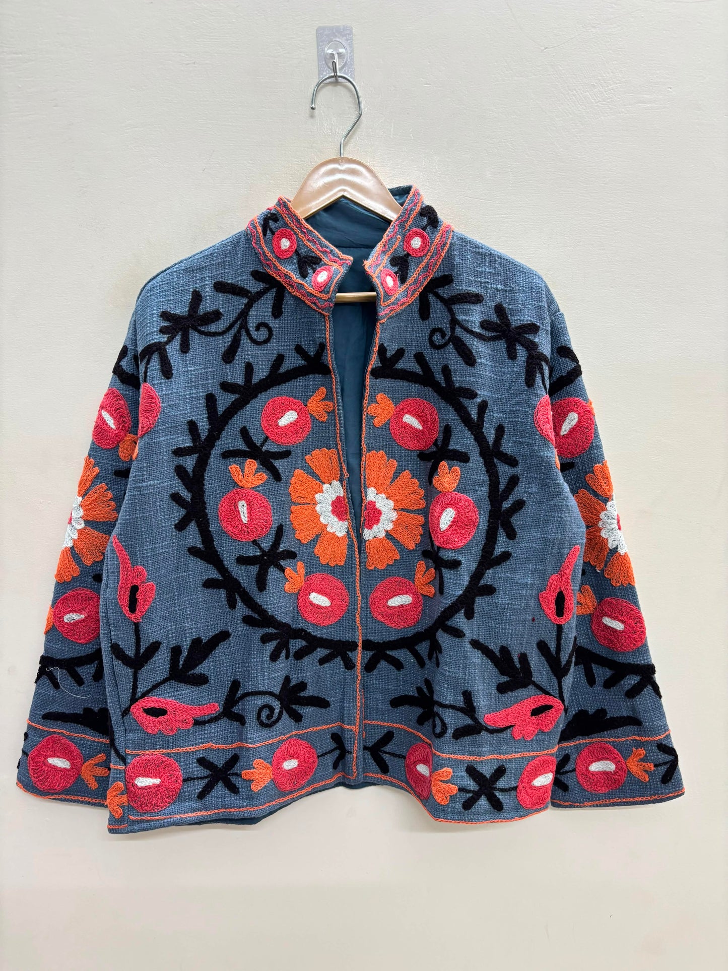 The Samarkand Bloom — Suzani Hand-Embroidered Cotton Jacket — Slate Blue with Coral & Marigold Florals