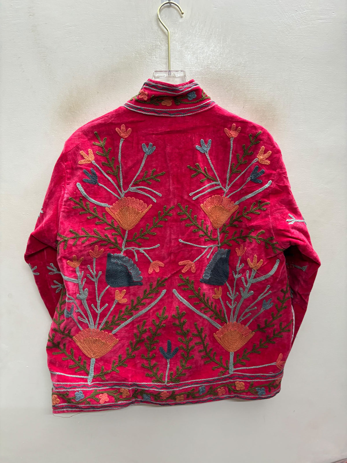The Rani Reflection — Suzani Hand-Embroidered Velvet Jacket — Rani Pink with Rust, Slate & Olive Florals