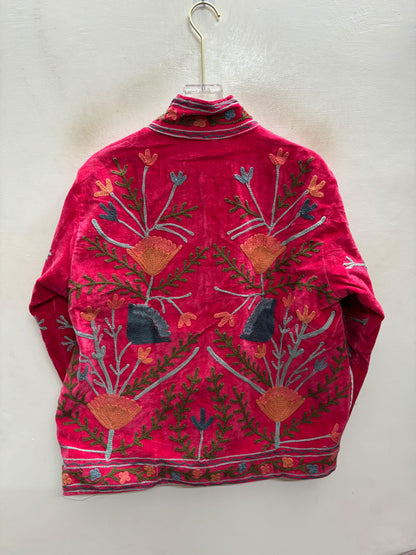 The Rani Reflection — Suzani Hand-Embroidered Velvet Jacket — Rani Pink with Rust, Slate & Olive Florals