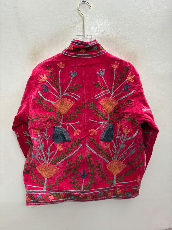 The Rani Reflection — Suzani Hand-Embroidered Velvet Jacket — Rani Pink with Rust, Slate & Olive Florals