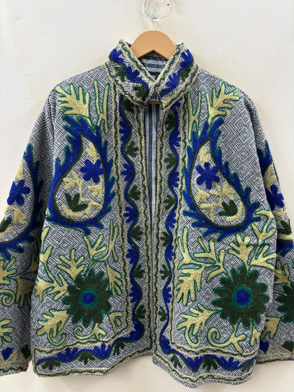 The Indigo Garden — Suzani-Embroidered Cotton Jacket — Slate Blue & Forest Green - Default Title - Zoshak Jacket